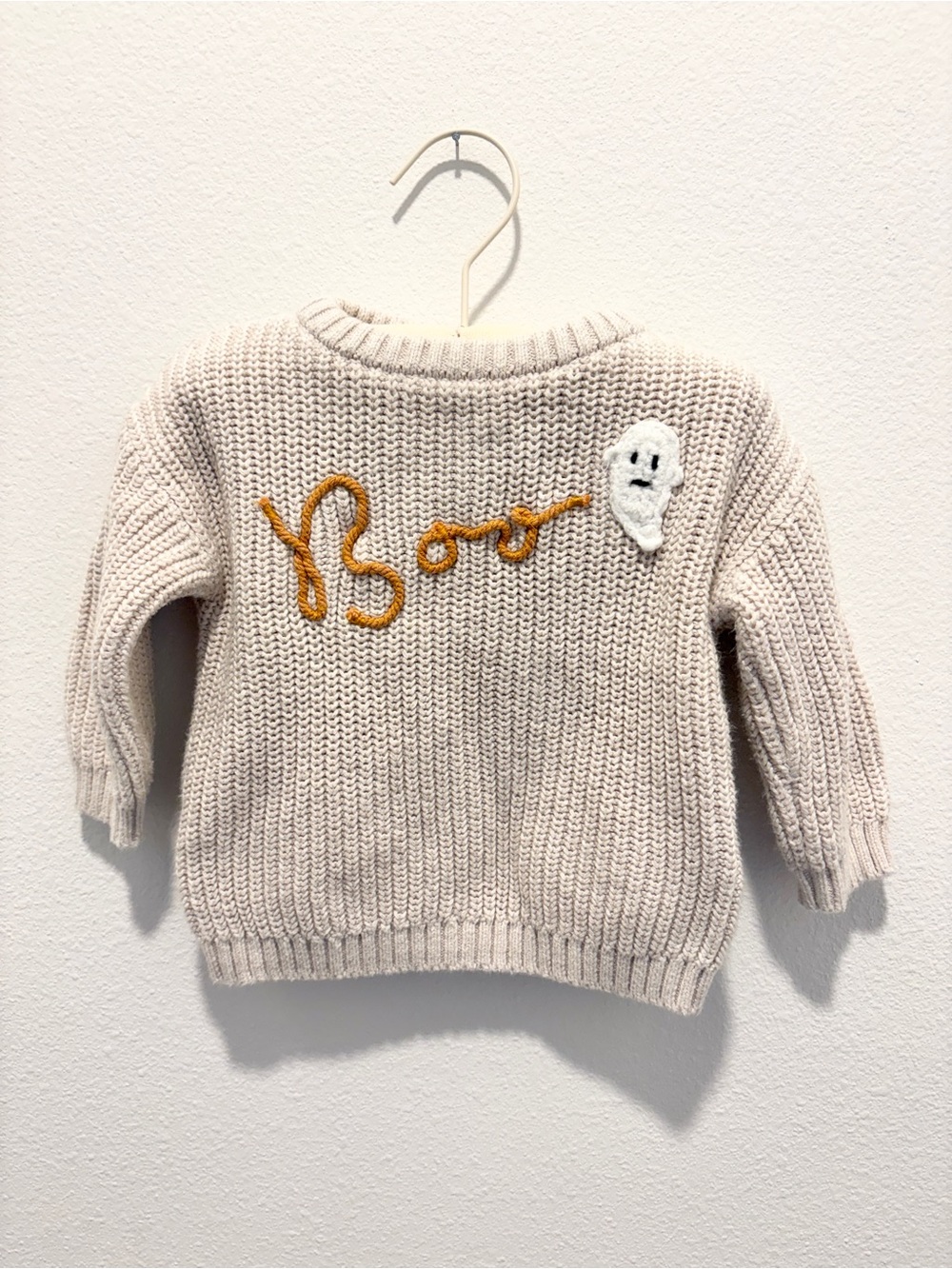 Old Navy Cream Knit Sweater with Yellow 'Boo' Embroidery and Ghost
